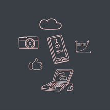 Illustrationer av en dator, telefon, ett moln, en kamera och en hand med tumme upp.